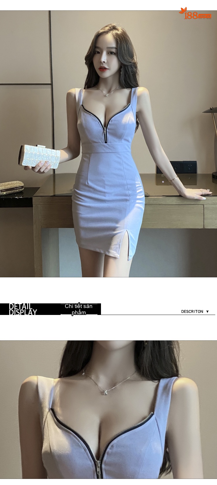 Váy Hai Dây Nữ Ngắn Ôm Body Xẻ Tà Hở Lưng Phong Cách Gợi Cảm Màu Xanh Lam, Đen, Trắng chi tiết 6