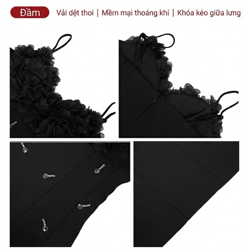 Váy Hai Dây Nữ Ôm Body Đính Hoa 3D Phong Cách Tiểu Thư Màu Đen chi tiết 3