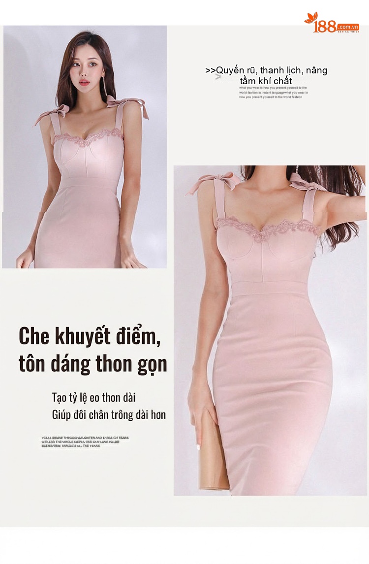 Váy Hai Dây Nữ Ren Hoa Nhí Cột Nơ Eo Ôm Dáng Mùa Hè Màu Hồng chi tiết 2