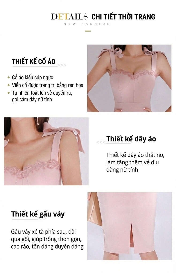 Váy Hai Dây Nữ Ren Hoa Nhí Cột Nơ Eo Ôm Dáng Mùa Hè Màu Hồng chi tiết 4