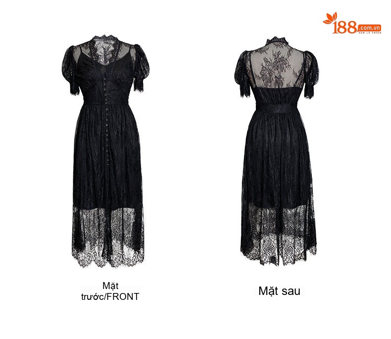 Váy Hai Dây Nữ Ren V Cổ Khoét Lỗ Dáng Dài Thướt Tha Màu Đen chi tiết 5