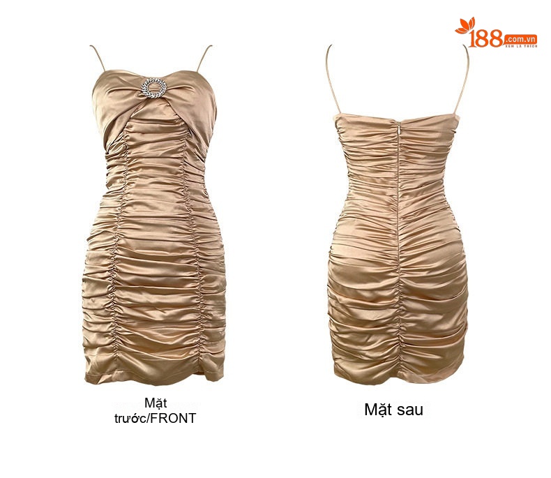 Váy Hai Dây Nữ Thiết Kế Pháp Bó Sát Nhún Bèo Dự Tiệc Sinh Nhật Màu Be chi tiết 4