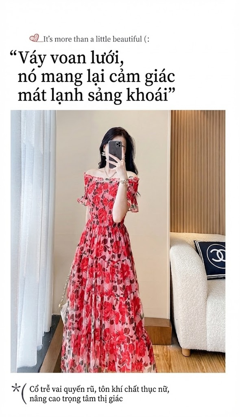 Váy Hở Vai Nữ Dáng Dài Qua Gối Họa Tiết Hoa Nhỏ Phong Cách Pháp chi tiết 2