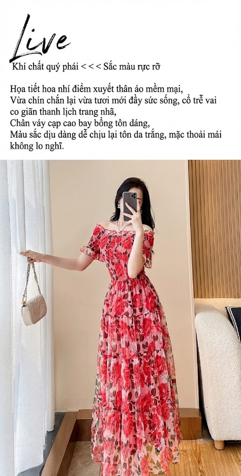 Váy Hở Vai Nữ Dáng Dài Qua Gối Họa Tiết Hoa Nhỏ Phong Cách Pháp chi tiết 4