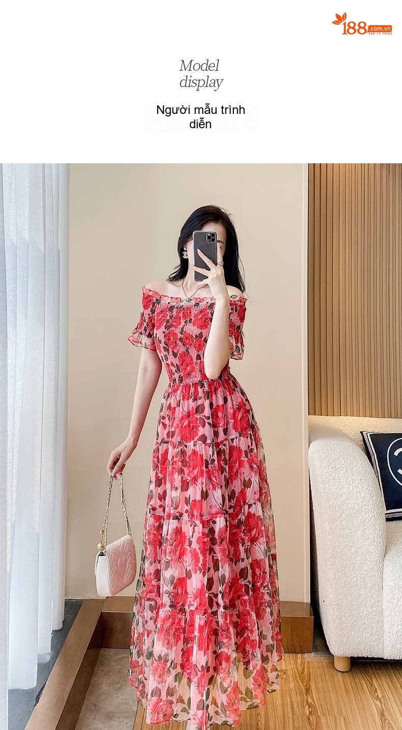 Váy Hở Vai Nữ Dáng Dài Qua Gối Họa Tiết Hoa Nhỏ Phong Cách Pháp chi tiết 6