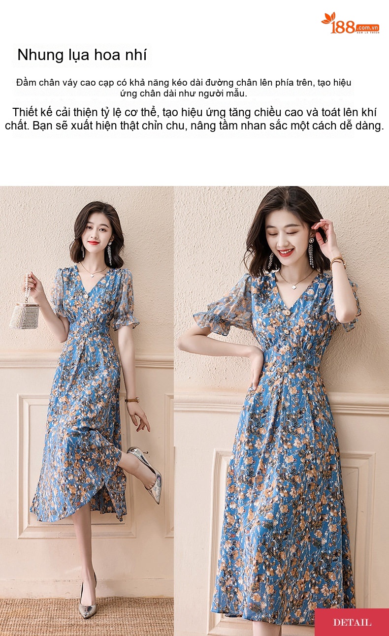 Váy Hoa Nhí Nữ Cổ chữ V Tay Ngắn dáng chữ A Xòe Thắt Eo Màu Xanh Dương chi tiết 1