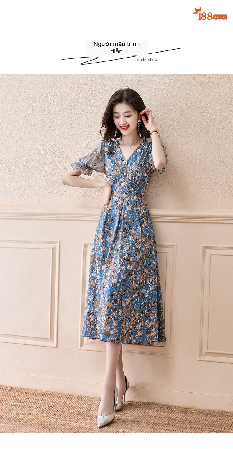 Váy Hoa Nhí Nữ Cổ chữ V Tay Ngắn dáng chữ A Xòe Thắt Eo Màu Xanh Dương chi tiết 6