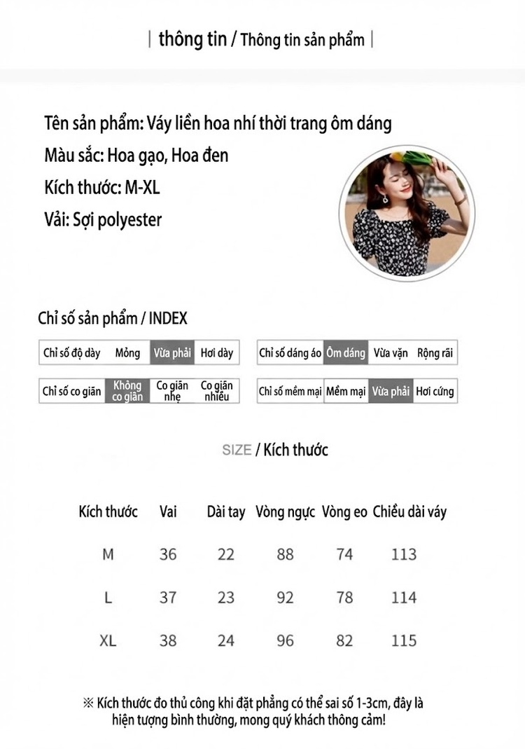 Váy Hoa Nhí Nữ Cổ chữ Vuông Tay Ngắn dáng chữ A Chiết Eo Thon Gọn Màu Đen, Trắng chi tiết 10