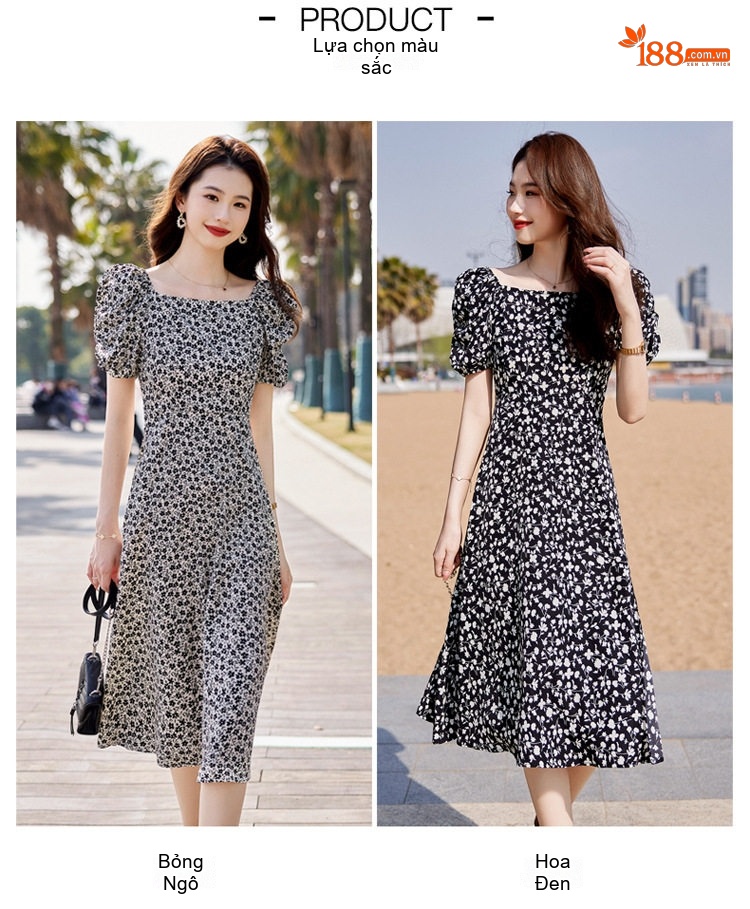 Váy Hoa Nhí Nữ Cổ chữ Vuông Tay Ngắn dáng chữ A Chiết Eo Thon Gọn Màu Đen, Trắng chi tiết 11