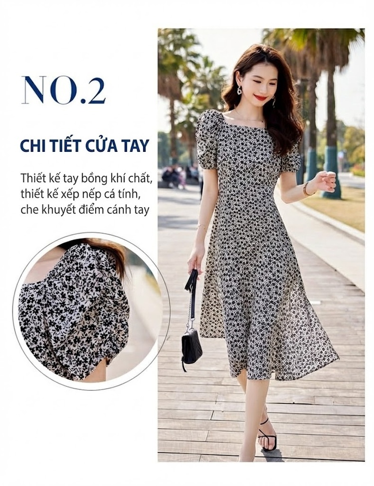 Váy Hoa Nhí Nữ Cổ chữ Vuông Tay Ngắn dáng chữ A Chiết Eo Thon Gọn Màu Đen, Trắng chi tiết 7