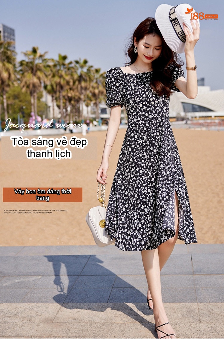 Váy Hoa Nhí Nữ Cổ chữ Vuông Tay Ngắn dáng chữ A Chiết Eo Thon Gọn Màu Đen, Trắng chi tiết 1