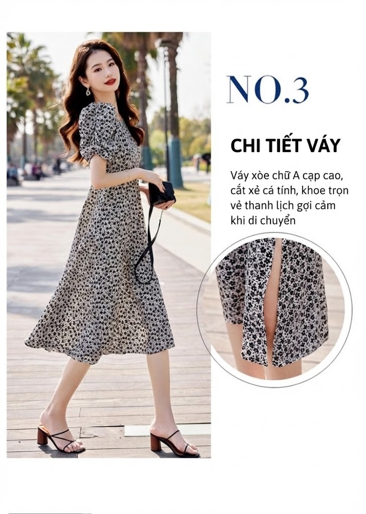 Váy Hoa Nhí Nữ Cổ chữ Vuông Tay Ngắn dáng chữ A Chiết Eo Thon Gọn Màu Đen, Trắng chi tiết 8