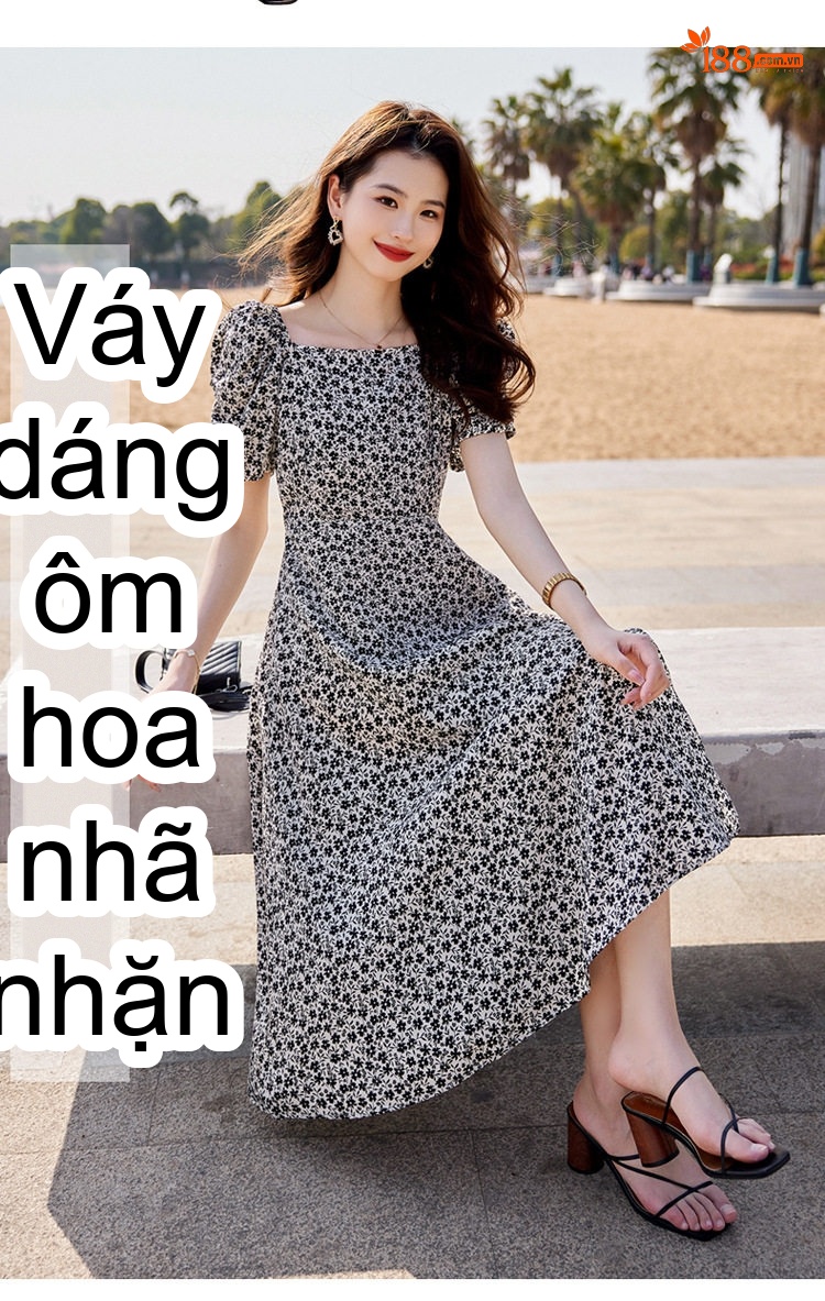 Váy Hoa Nhí Nữ Cổ chữ Vuông Tay Ngắn dáng chữ A Chiết Eo Thon Gọn Màu Đen, Trắng chi tiết 3