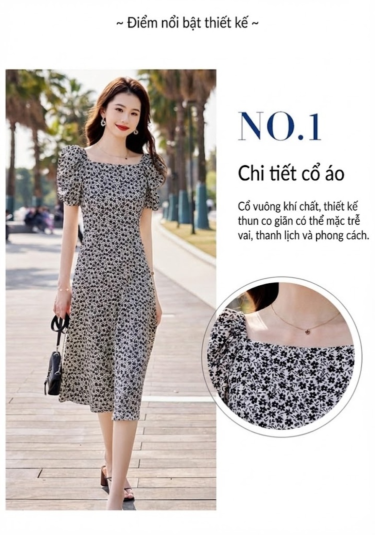 Váy Hoa Nhí Nữ Cổ chữ Vuông Tay Ngắn dáng chữ A Chiết Eo Thon Gọn Màu Đen, Trắng chi tiết 6