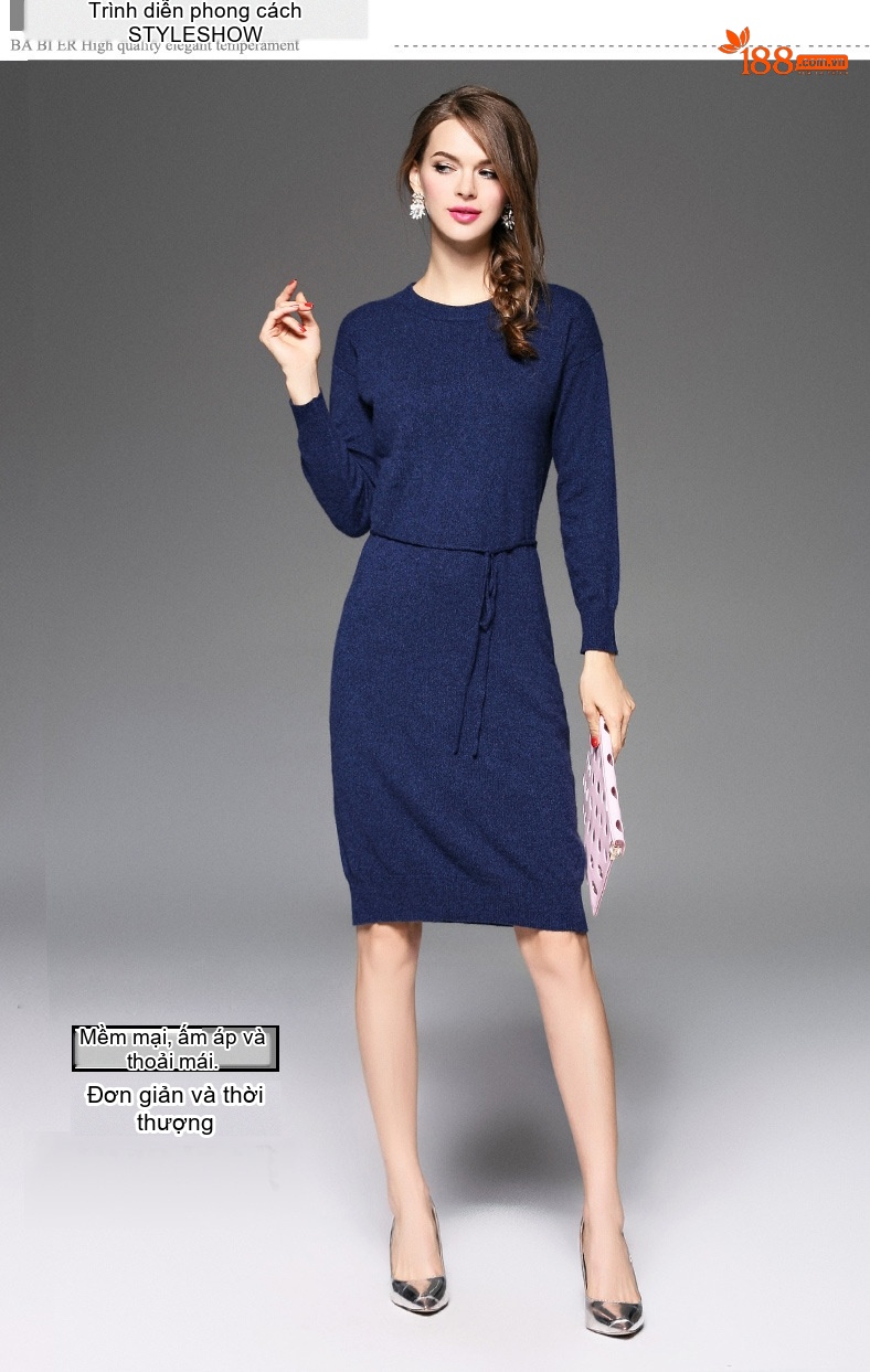 Váy Len Nữ Dáng Suông Dài Tay Cổ Tròn Chất Liệu Len Lông Cừu Màu Xanh Navy chi tiết 1