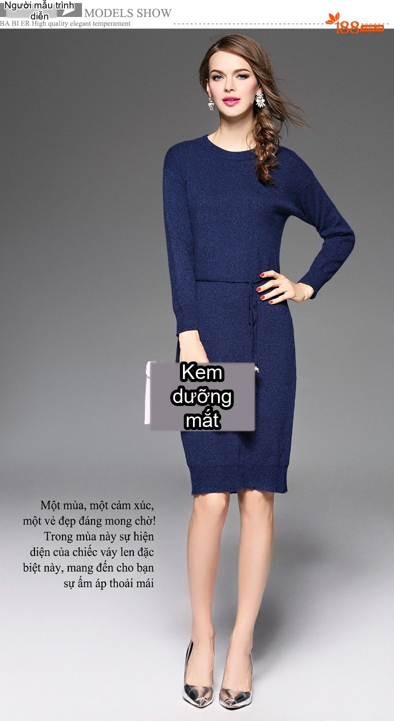 Váy Len Nữ Dáng Suông Dài Tay Cổ Tròn Chất Liệu Len Lông Cừu Màu Xanh Navy chi tiết 4