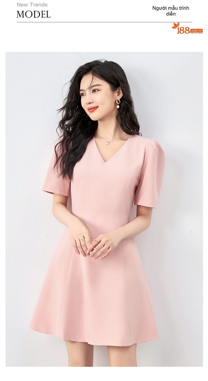 Váy Liền A-Line Nữ Cổ chữ V Chiết Eo Tay Bồng Ngắn Phong Cách Tiểu Thư Màu Hồng, Đen, Vàng Kem chi tiết 8