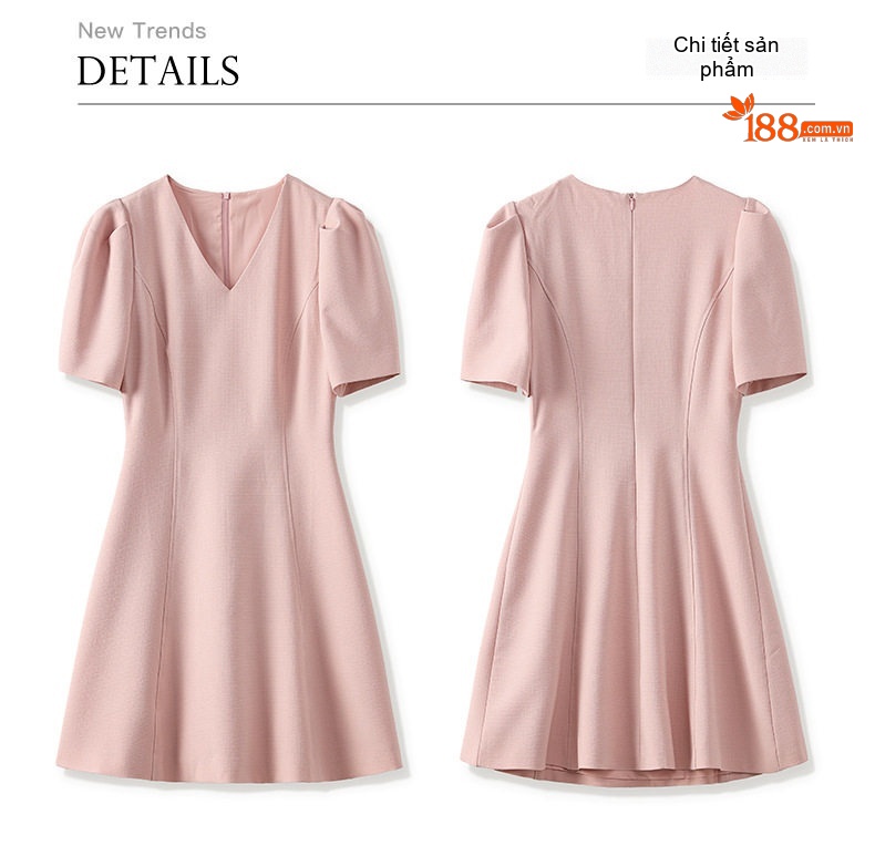 Váy Liền A-Line Nữ Cổ chữ V Chiết Eo Tay Bồng Ngắn Phong Cách Tiểu Thư Màu Hồng, Đen, Vàng Kem chi tiết 23