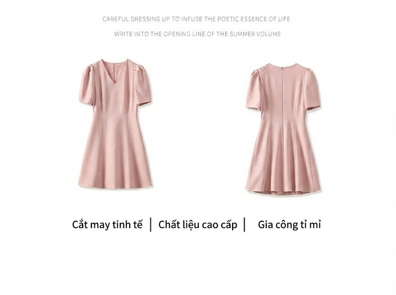 Váy Liền A-Line Nữ Cổ chữ V Chiết Eo Tay Bồng Ngắn Phong Cách Tiểu Thư Màu Hồng, Đen, Vàng Kem chi tiết 3