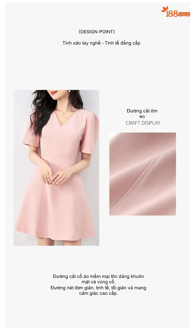 Váy Liền A-Line Nữ Cổ chữ V Chiết Eo Tay Bồng Ngắn Phong Cách Tiểu Thư Màu Hồng, Đen, Vàng Kem chi tiết 4