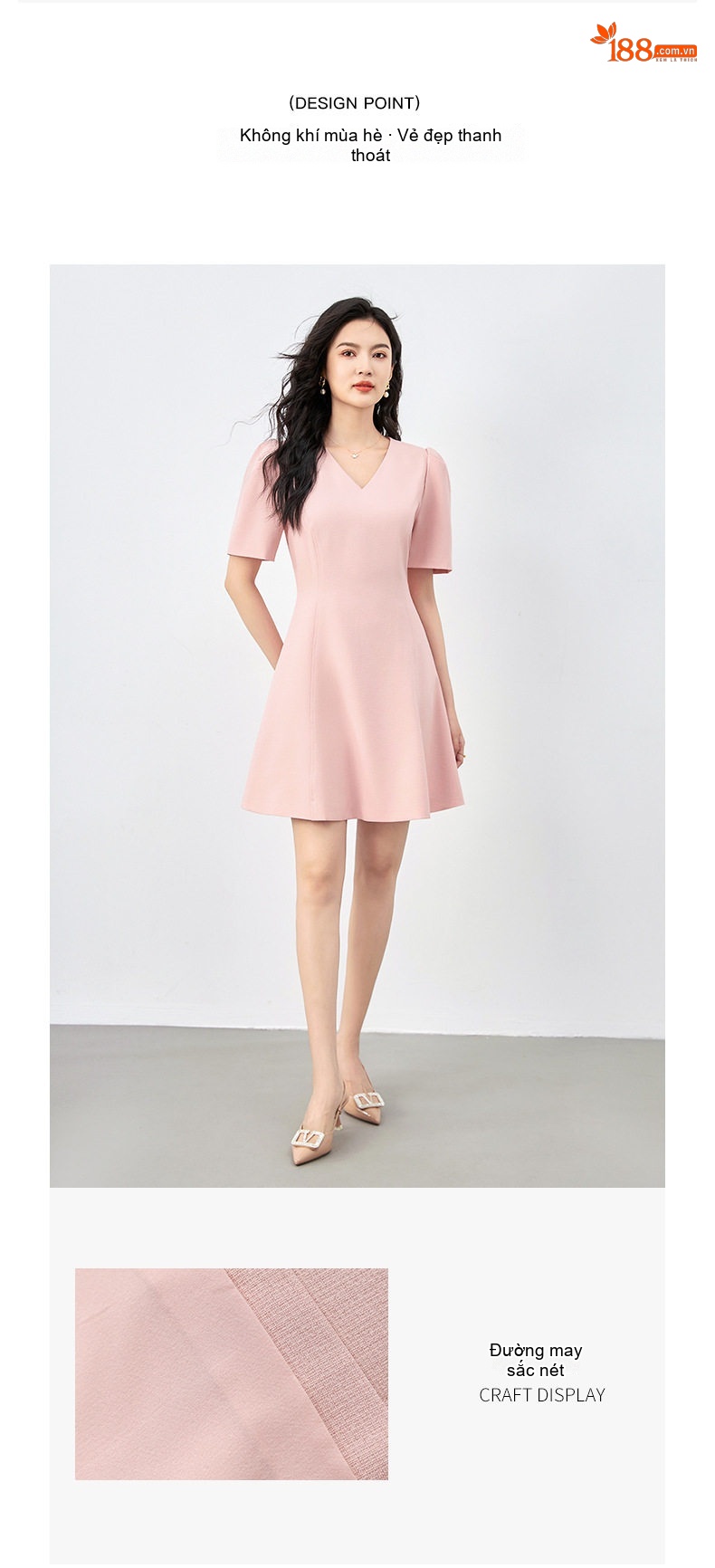 Váy Liền A-Line Nữ Cổ chữ V Chiết Eo Tay Bồng Ngắn Phong Cách Tiểu Thư Màu Hồng, Đen, Vàng Kem chi tiết 5