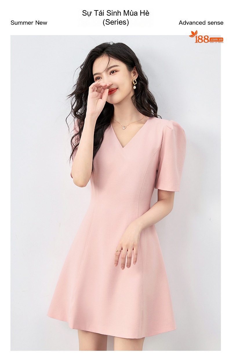 Váy Liền A-Line Nữ Cổ chữ V Chiết Eo Tay Bồng Ngắn Phong Cách Tiểu Thư Màu Hồng, Đen, Vàng Kem chi tiết 1