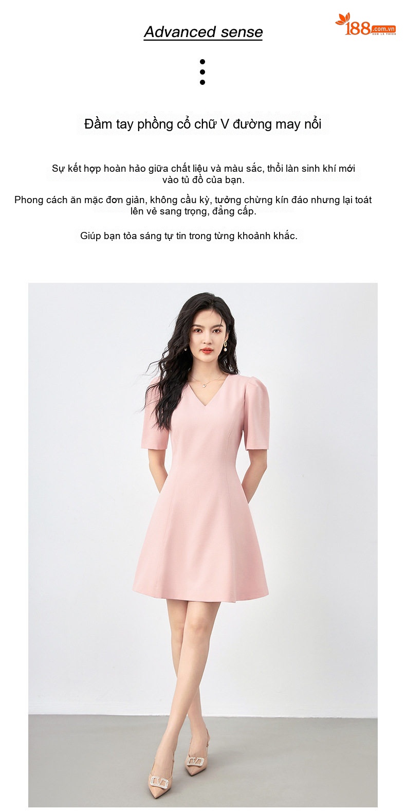 Váy Liền A-Line Nữ Cổ chữ V Chiết Eo Tay Bồng Ngắn Phong Cách Tiểu Thư Màu Hồng, Đen, Vàng Kem chi tiết 2