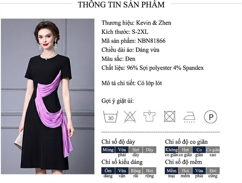 Váy Liền A Xếp Ly Cổ Điển Tay Ngắn Phối Màu Đen, Tím chi tiết 17