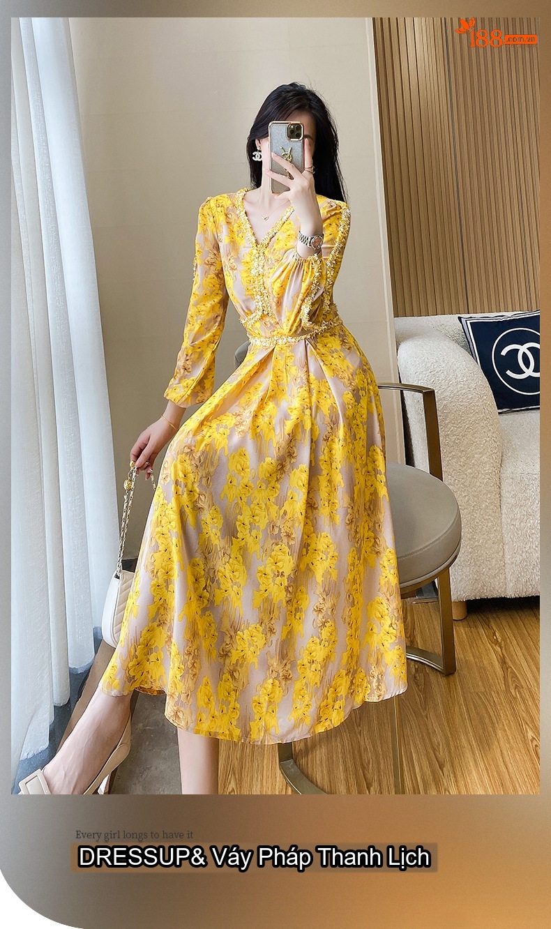 Váy Liền dáng chữ A Tay Dài Họa Tiết Hoa Nhỏ Thu Eo Chất Liệu Voan Màu Vàng chi tiết 1