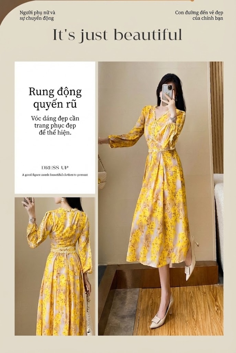Váy Liền dáng chữ A Tay Dài Họa Tiết Hoa Nhỏ Thu Eo Chất Liệu Voan Màu Vàng chi tiết 4