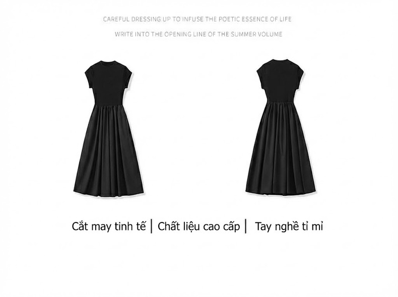 Váy Liền Dệt Kim Co Giãn dáng chữ A Chiều Dài Qua Gối Màu Đen chi tiết 3