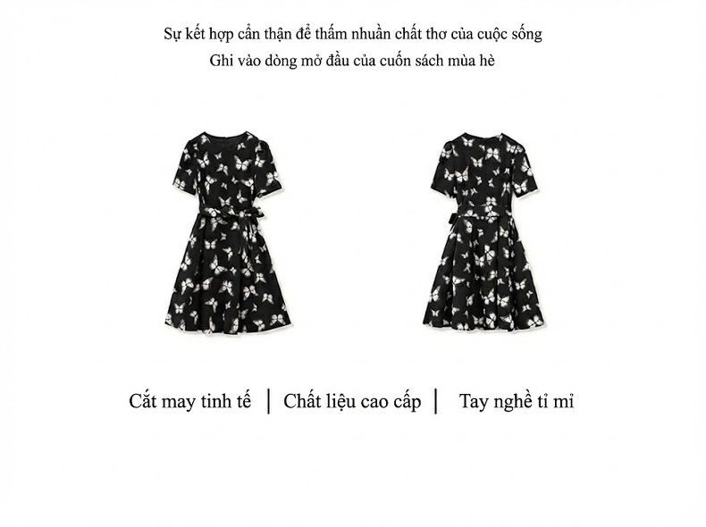Váy Liền In Họa Tiết Bướm Tay Ngắn Thanh Lịch Màu Đen chi tiết 3