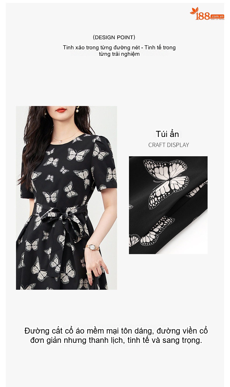 Váy Liền In Họa Tiết Bướm Tay Ngắn Thanh Lịch Màu Đen chi tiết 4