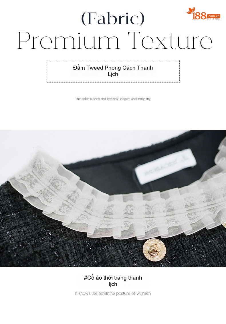 Váy Liền Thân A Dáng Tweed Dày Dặn Phối Ren Kiểu Pháp Trẻ Trung Màu Đen chi tiết 3