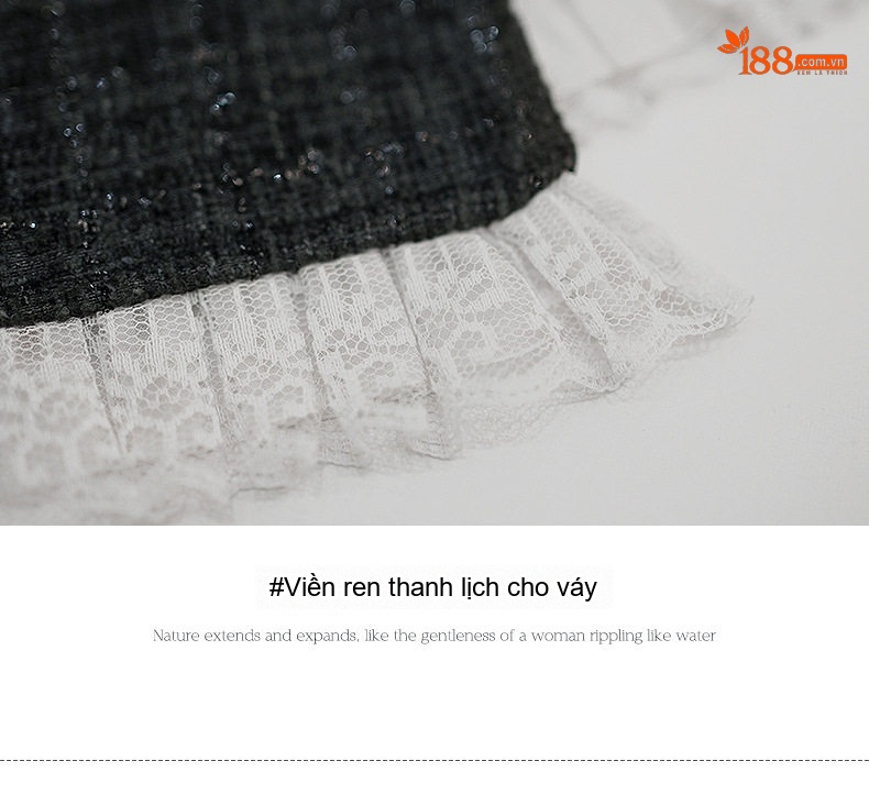 Váy Liền Thân A Dáng Tweed Dày Dặn Phối Ren Kiểu Pháp Trẻ Trung Màu Đen chi tiết 5