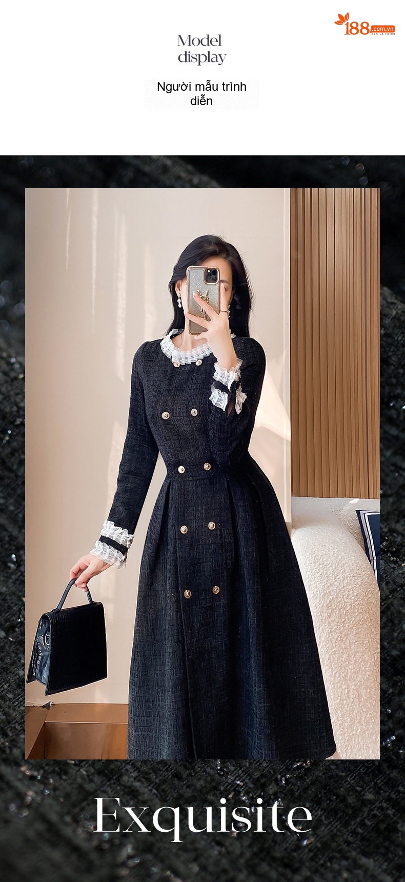 Váy Liền Thân A Dáng Tweed Dày Dặn Phối Ren Kiểu Pháp Trẻ Trung Màu Đen chi tiết 7