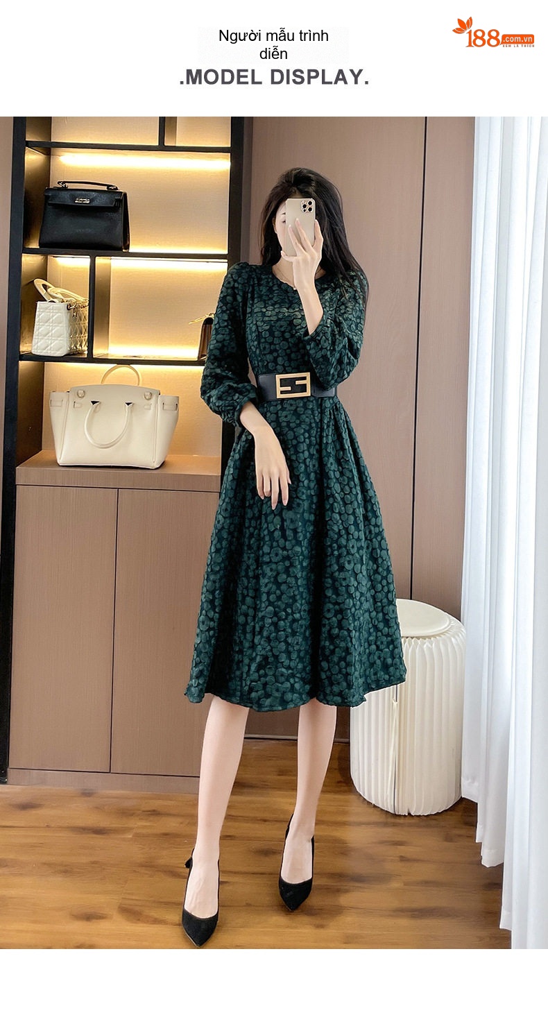 Váy Liền Thân dáng chữ A Tay Dài Thắt Eo Phong Cách Hàn Quốc Màu Đen, Xanh chi tiết 6
