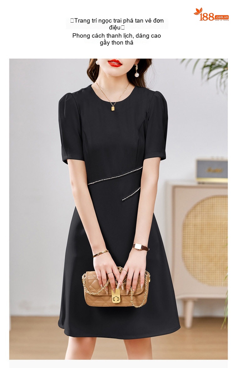 Váy liền thân Nữ A Line Tay Bồng Đính Hạt Phong Cách Quý Cô Màu Đen, Kem chi tiết 7