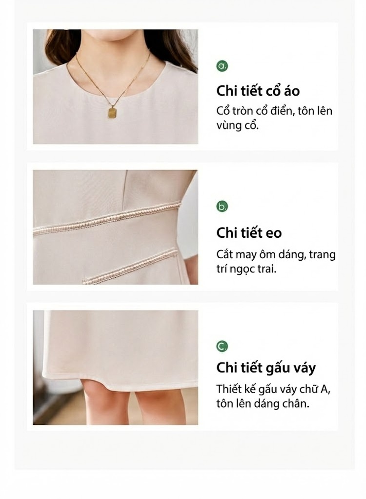 Váy liền thân Nữ A Line Tay Bồng Đính Hạt Phong Cách Quý Cô Màu Đen, Kem chi tiết 8