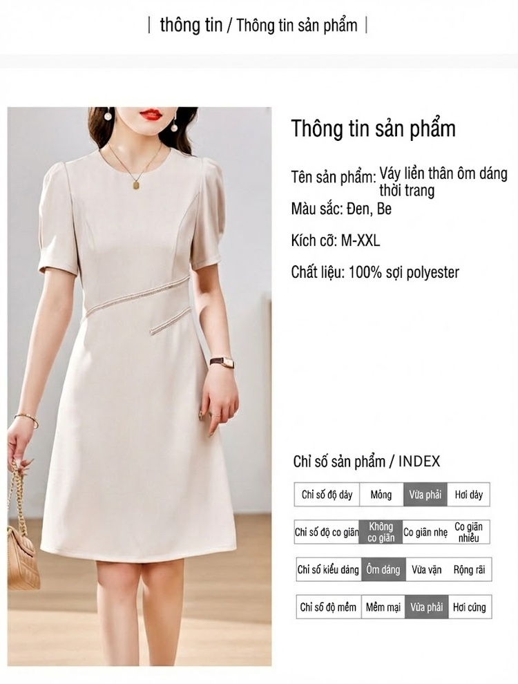 Váy liền thân Nữ A Line Tay Bồng Đính Hạt Phong Cách Quý Cô Màu Đen, Kem chi tiết 12