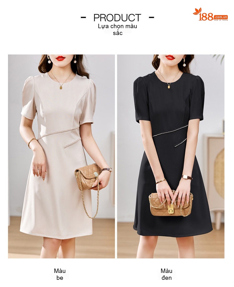 Váy liền thân Nữ A Line Tay Bồng Đính Hạt Phong Cách Quý Cô Màu Đen, Kem chi tiết 14