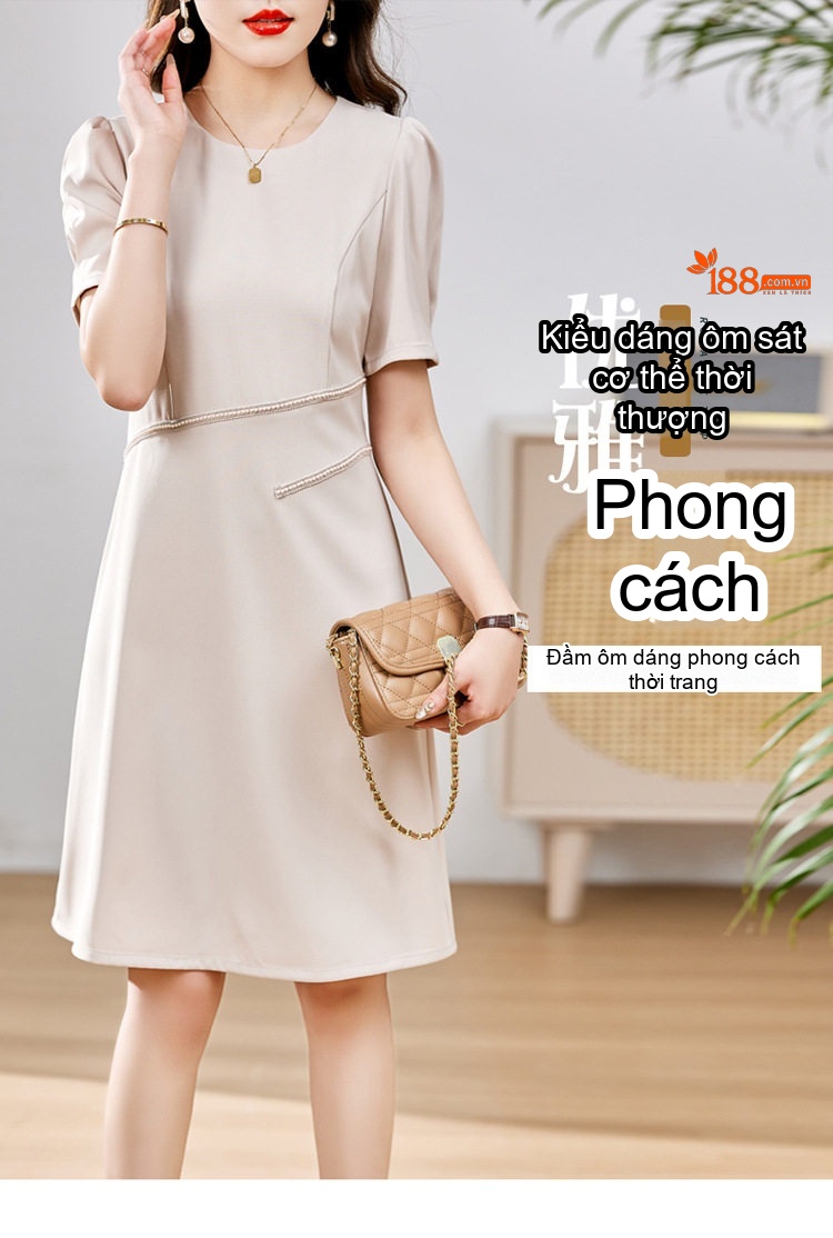 Váy liền thân Nữ A Line Tay Bồng Đính Hạt Phong Cách Quý Cô Màu Đen, Kem chi tiết 1