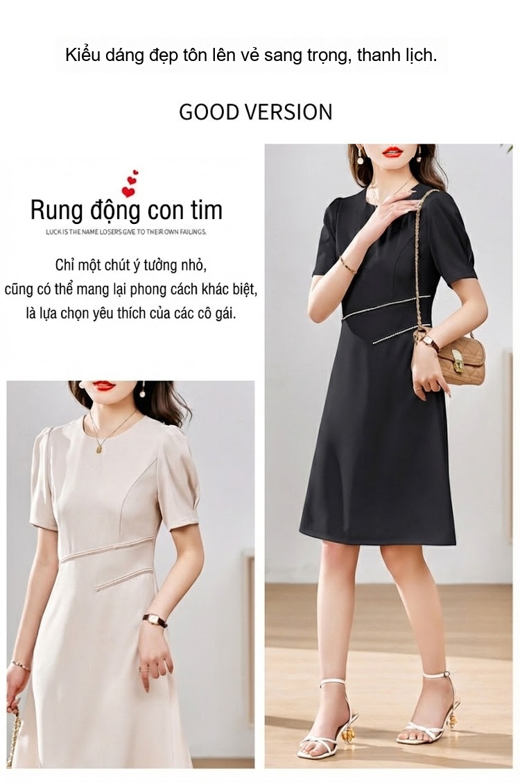 Váy liền thân Nữ A Line Tay Bồng Đính Hạt Phong Cách Quý Cô Màu Đen, Kem chi tiết 2