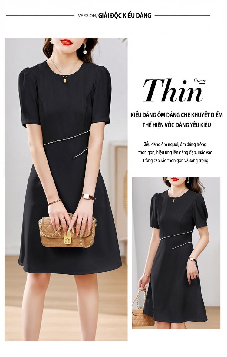 Váy liền thân Nữ A Line Tay Bồng Đính Hạt Phong Cách Quý Cô Màu Đen, Kem chi tiết 10