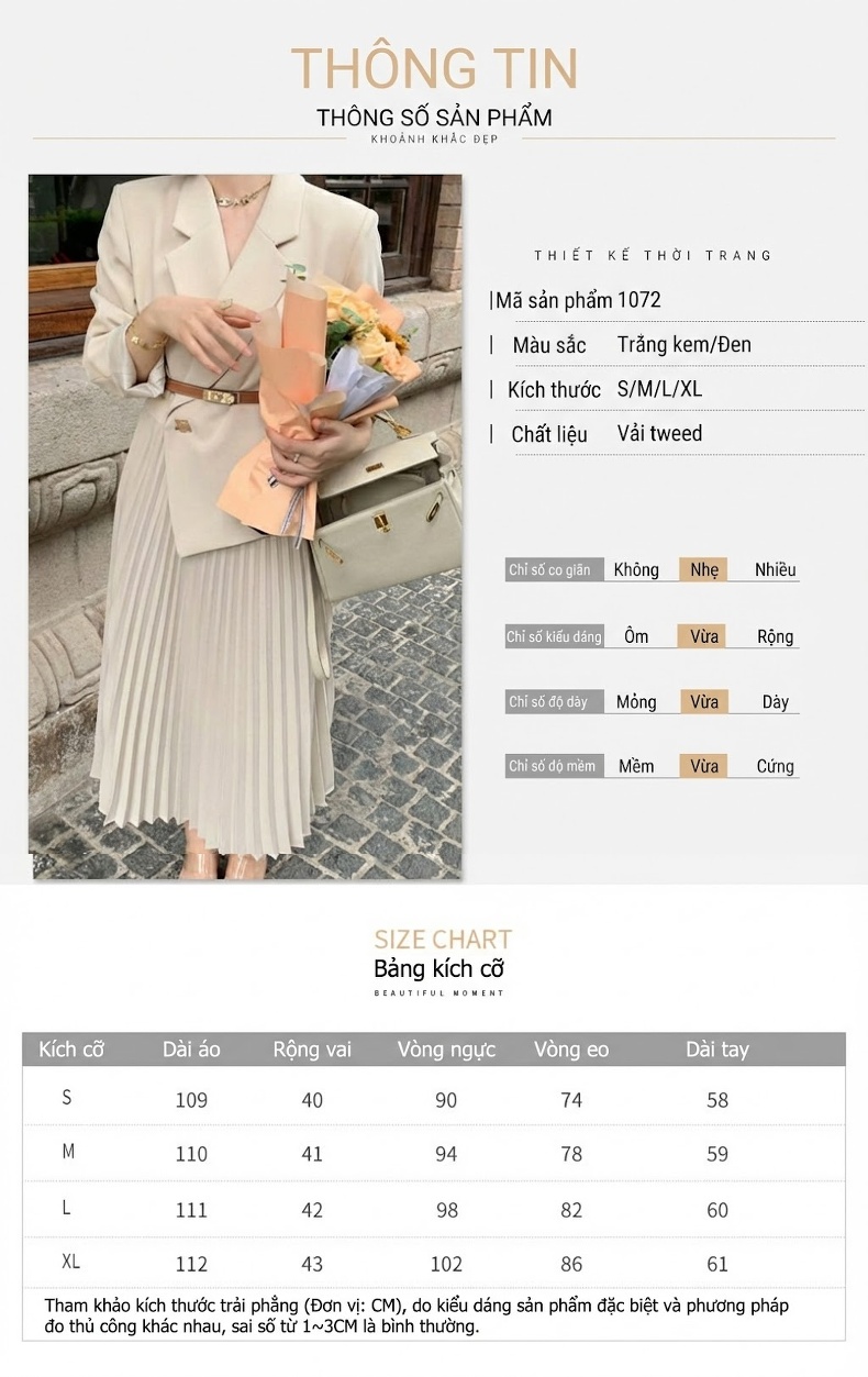 Váy Liền Thân Nữ Áo Khoác Blazer Dáng Dài Chiết Eo Chân Váy Xếp Ly Màu Be, Đen chi tiết 1