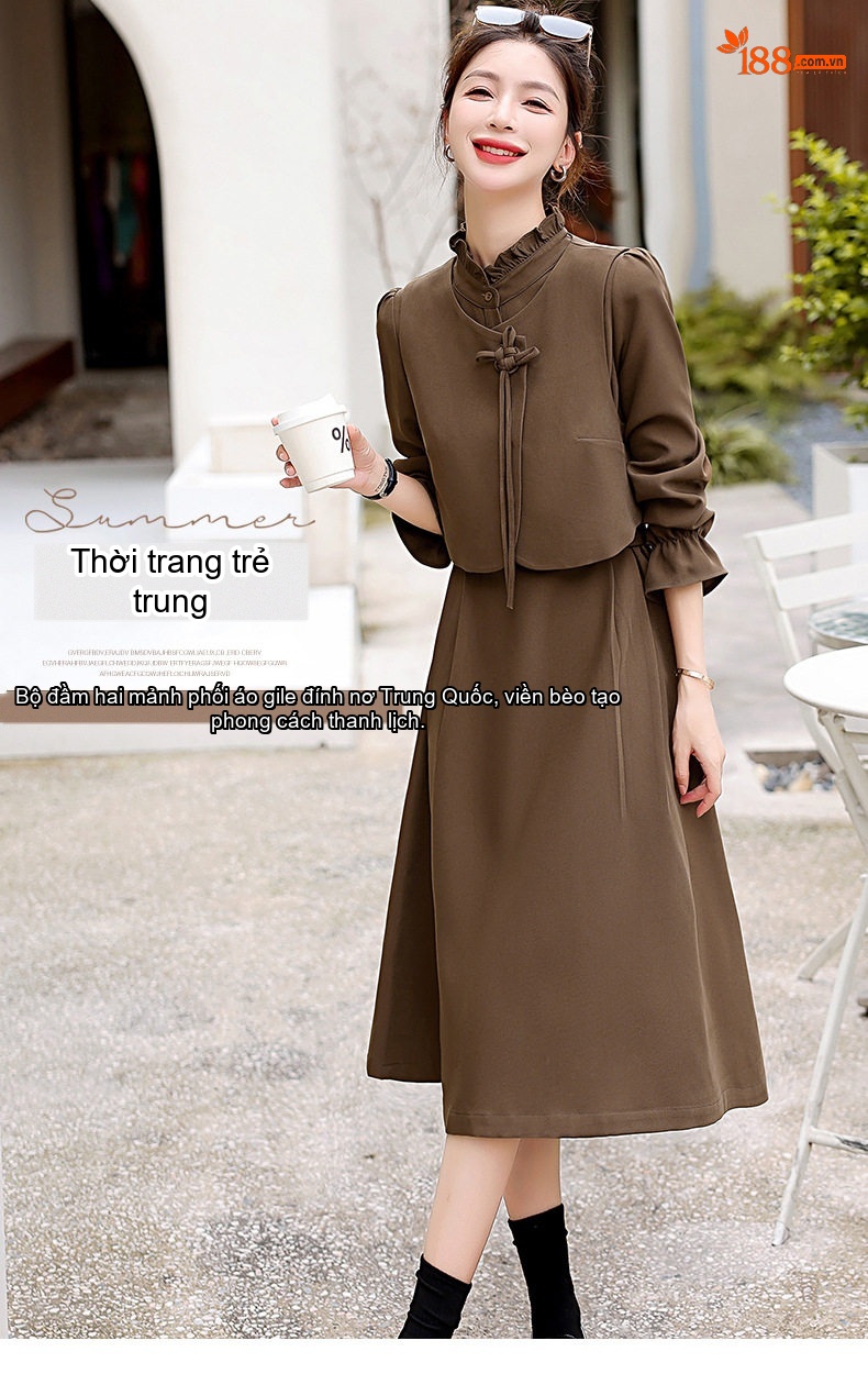 Váy Liền Thân Nữ Bộ Hai Chiếc Phong Cách Trung Hoa Cổ Điển Màu Đỏ, Nâu chi tiết 1