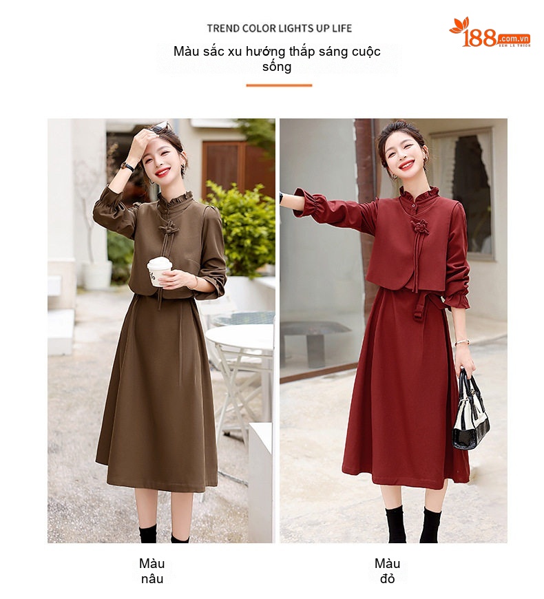 Váy Liền Thân Nữ Bộ Hai Chiếc Phong Cách Trung Hoa Cổ Điển Màu Đỏ, Nâu chi tiết 4