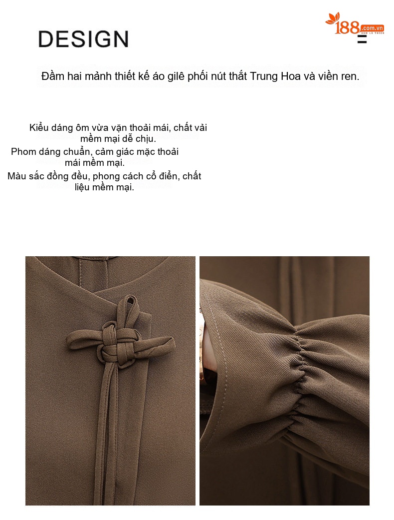 Váy Liền Thân Nữ Bộ Hai Chiếc Phong Cách Trung Hoa Cổ Điển Màu Đỏ, Nâu chi tiết 5