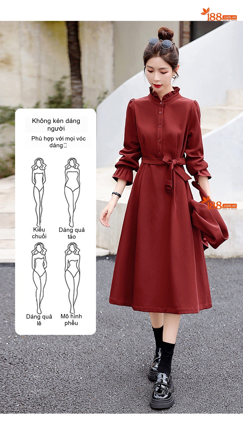 Váy Liền Thân Nữ Bộ Hai Chiếc Phong Cách Trung Hoa Cổ Điển Màu Đỏ, Nâu chi tiết 9