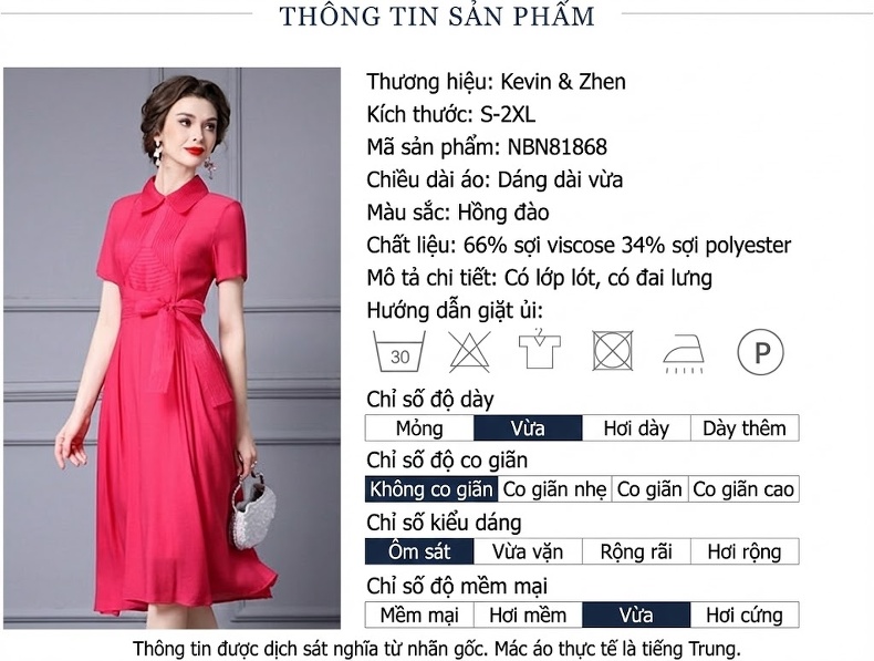 Váy liền thân Nữ Cổ Bẻ Tay Ngắn Ép Ly Eo Dây Rút Kiểu Dáng Chữ A Màu Đỏ Hồng chi tiết 17